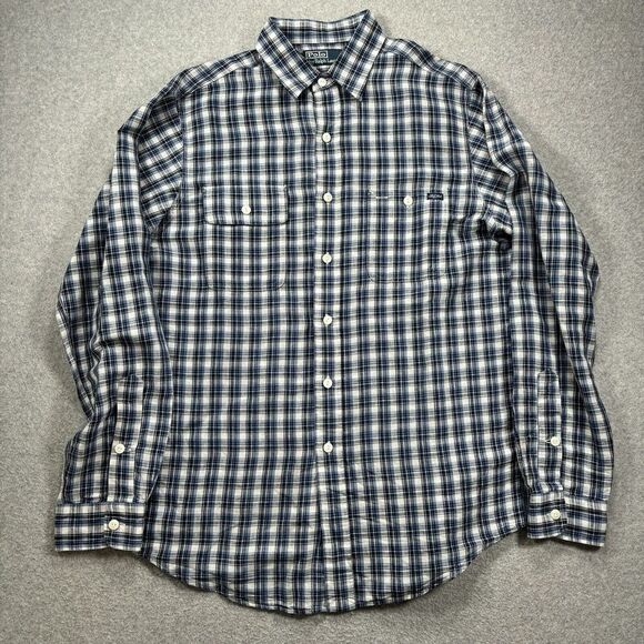 Polo Ralph Lauren Other - Polo Ralph Lauren Men's Button Up Shirt Linen‎ Cotton Blend Plaid Blue Size M
